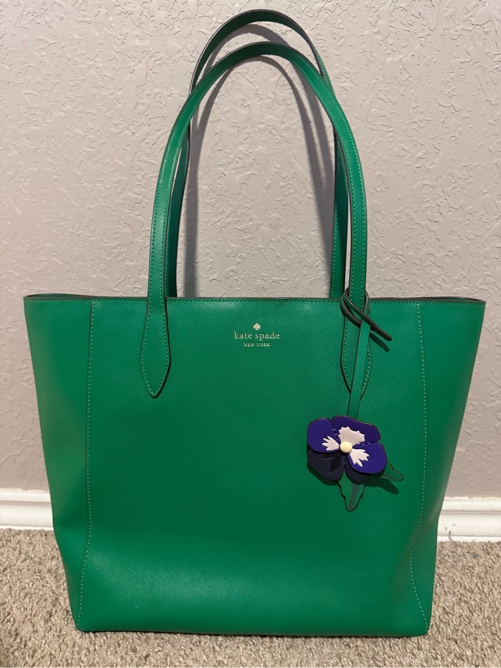 kate spade Dana Pansy Green bean Leather Tote with Purple Floral Charm